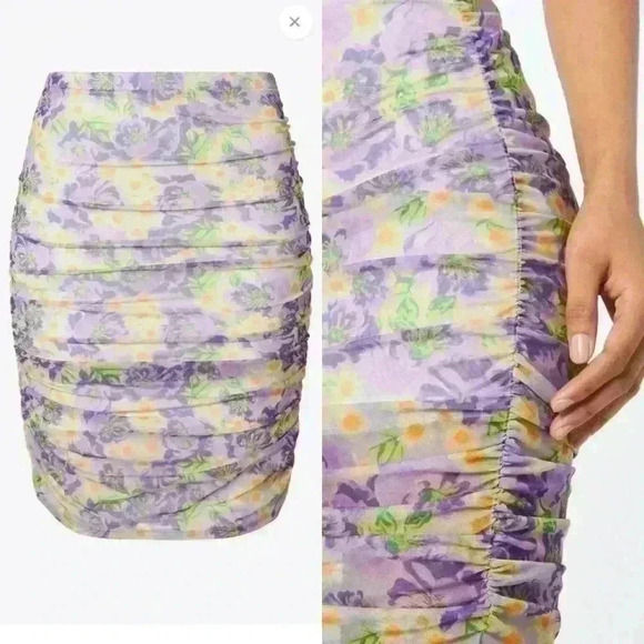 Lilac floral graphic print mini skirt Nasty Gal‎ mesh  ruched side high waisted - Picture 3 of 6